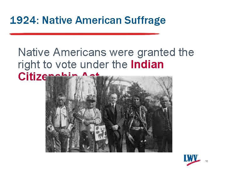 1924: Native American Suffrage Native Americans were granted the right to vote under the