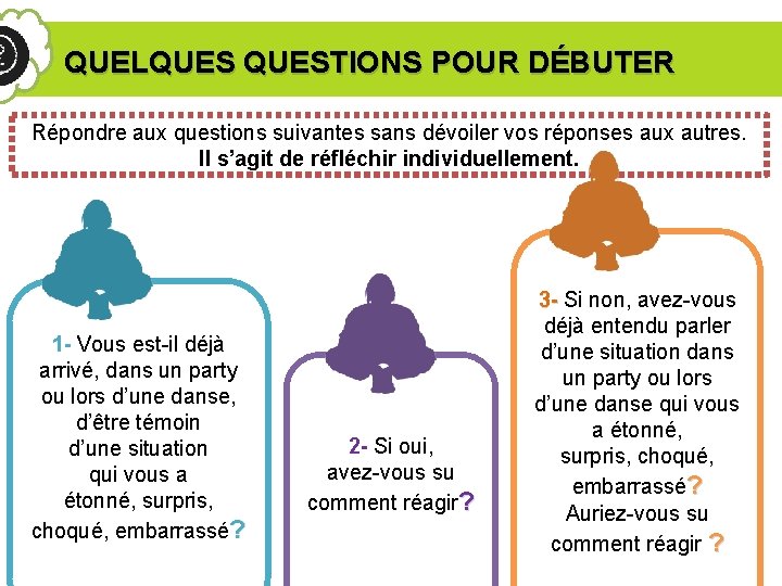 QUELQUESTIONS POUR DÉBUTER Répondre aux questions suivantes sans dévoiler vos réponses aux autres. Il