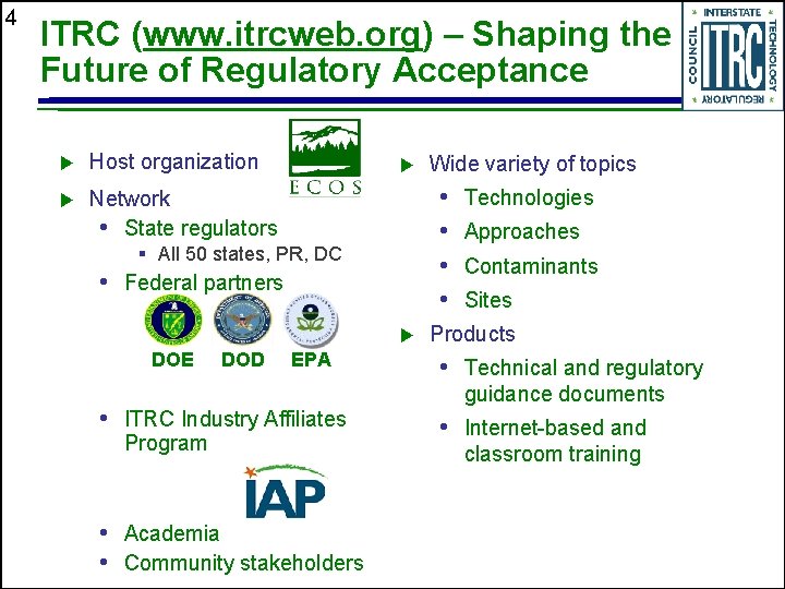 4 ITRC (www. itrcweb. org) – Shaping the Future of Regulatory Acceptance u Host