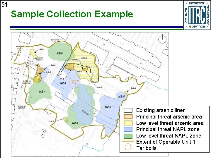 51 Sample Collection Example Existing arsenic liner Principal threat arsenic area Low level threat