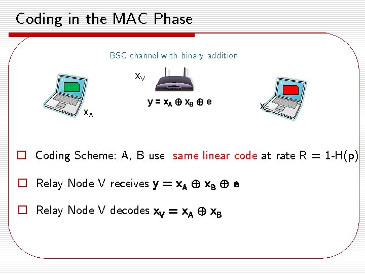 Coding in the MAC Phase BSC channel with binary addition x. V x. A