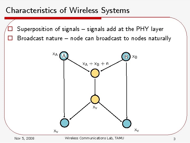 Characteristics of Wireless Systems o Superposition of signals – signals add at the PHY