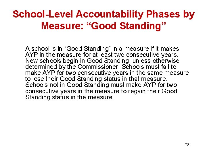 School-Level Accountability Phases by Measure: “Good Standing” A school is in “Good Standing” in