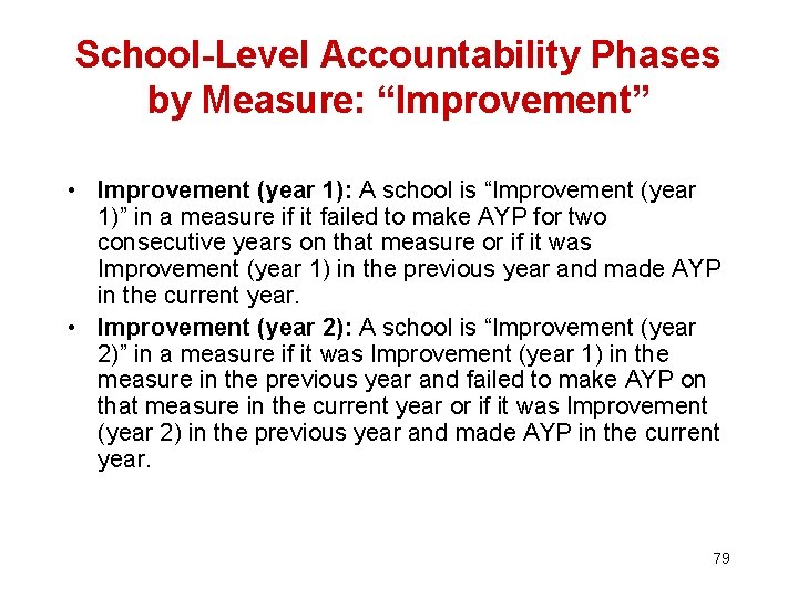 School-Level Accountability Phases by Measure: “Improvement” • Improvement (year 1): A school is “Improvement