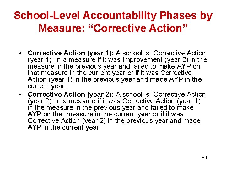 School-Level Accountability Phases by Measure: “Corrective Action” • Corrective Action (year 1): A school