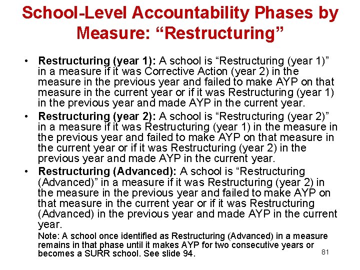 School-Level Accountability Phases by Measure: “Restructuring” • Restructuring (year 1): A school is “Restructuring