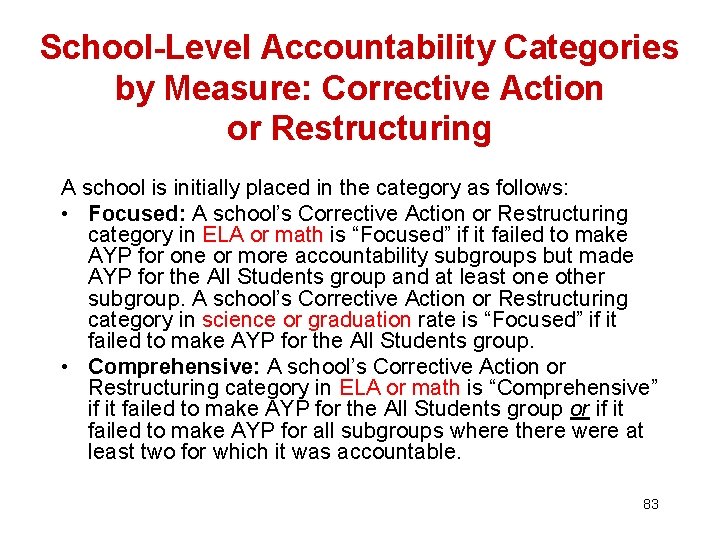 School-Level Accountability Categories by Measure: Corrective Action or Restructuring A school is initially placed
