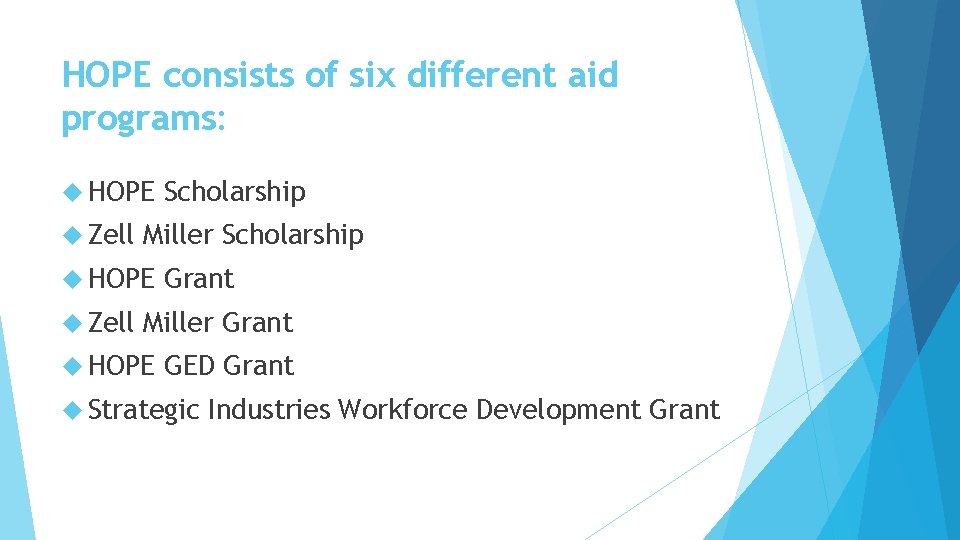 HOPE consists of six different aid programs: HOPE Zell Miller Scholarship HOPE Zell Scholarship