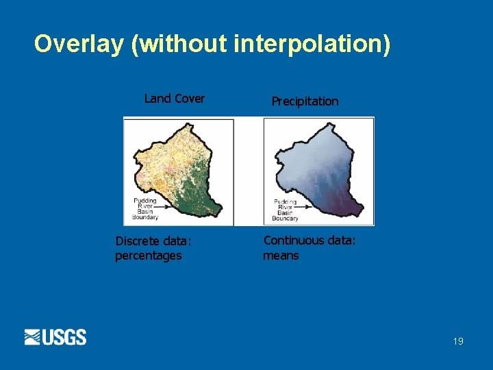 Overlay (without interpolation) Land Cover Discrete data: percentages Precipitation Continuous data: means 19 Overlay (without interpolation) Land Cover Discrete data: percentages Precipitation Continuous data: means 19