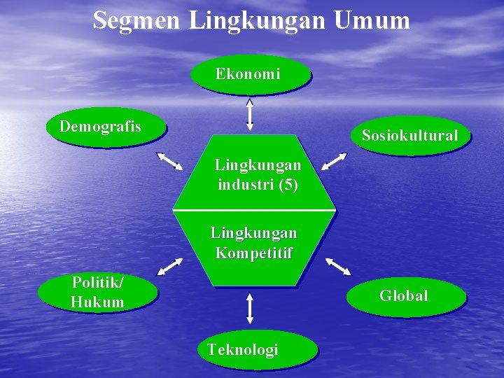 Segmen Lingkungan Umum Ekonomi Demografis Sosiokultural Lingkungan industri (5) Lingkungan Kompetitif Politik/ Hukum Global