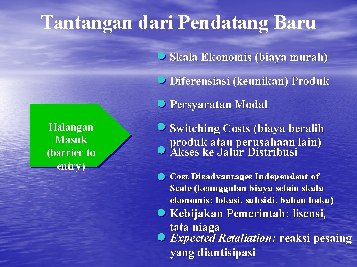 Tantangan dari Pendatang Baru Skala Ekonomis (biaya murah) Diferensiasi (keunikan) Produk Persyaratan Modal Halangan