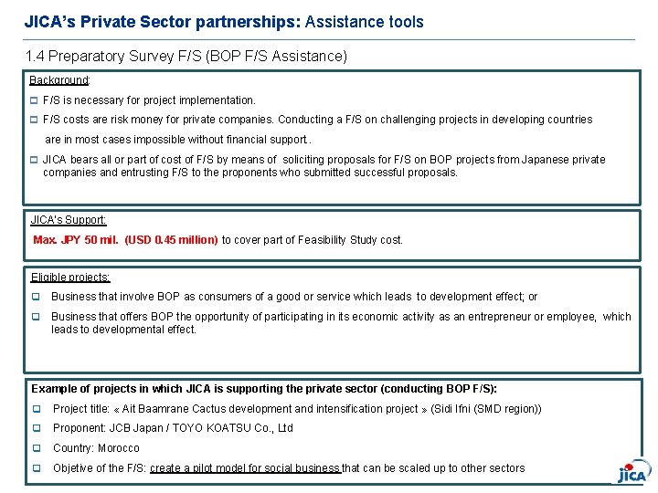 JICA’s Private Sector partnerships: Assistance tools 1. 4 Preparatory Survey F/S (BOP F/S Assistance)