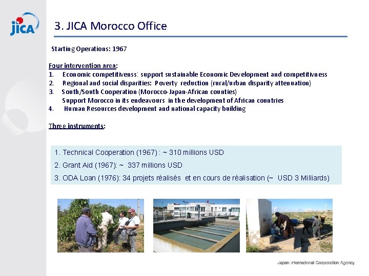 3. JICA Morocco Office Starting Operations: 1967 Four intervention area: 1. Economic competitivenss: support