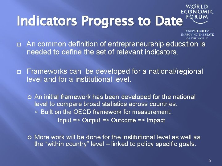 Indicators Progress to Date An common definition of entrepreneurship education is needed to define