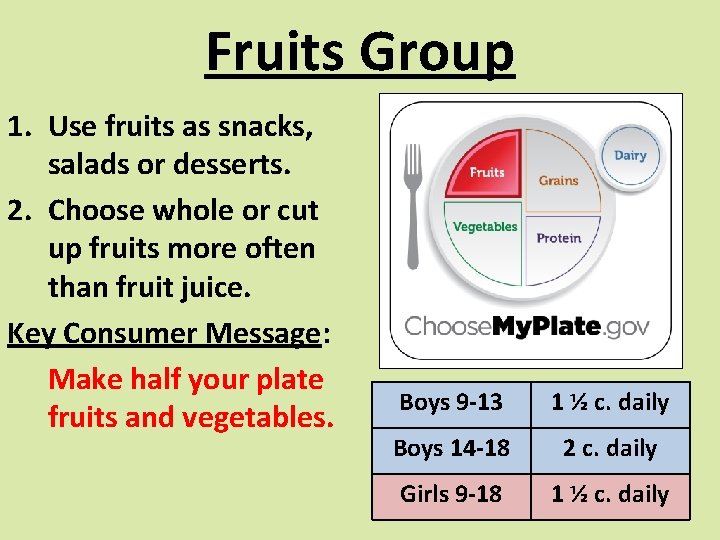 Fruits Group 1. Use fruits as snacks, salads or desserts. 2. Choose whole or