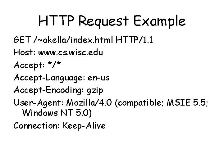 HTTP Request Example GET /~akella/index. html HTTP/1. 1 Host: www. cs. wisc. edu Accept: HTTP Request Example GET /~akella/index. html HTTP/1. 1 Host: www. cs. wisc. edu Accept:
