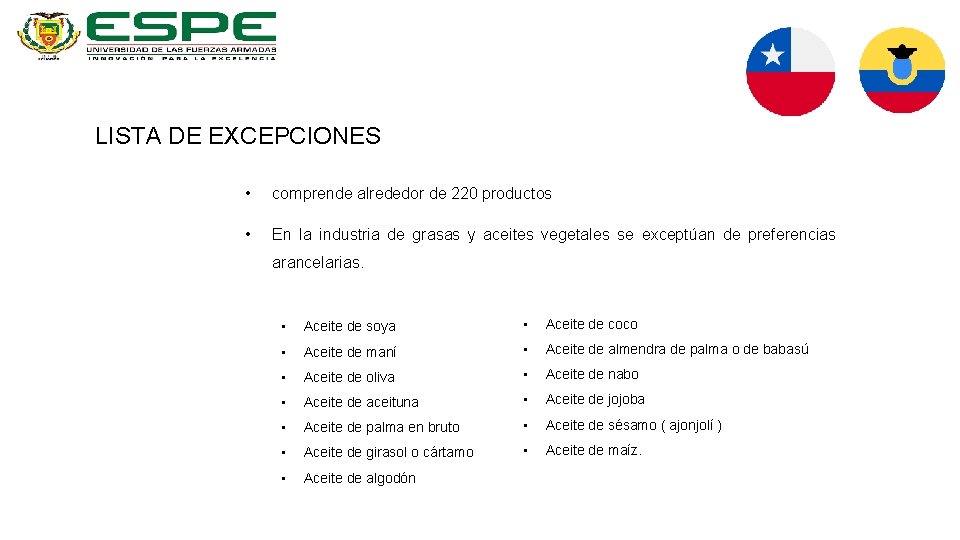 LISTA DE EXCEPCIONES • comprende alrededor de 220 productos • En la industria de