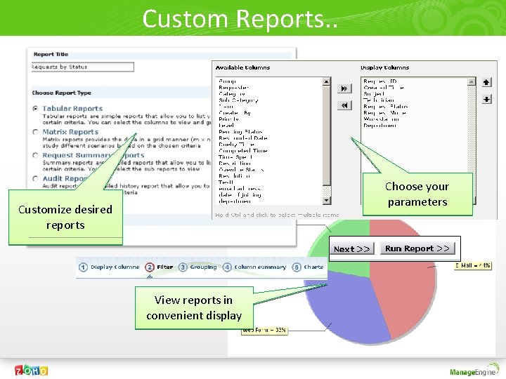 Custom Reports. . Choose your parameters Customize desired reports View reports in convenient display