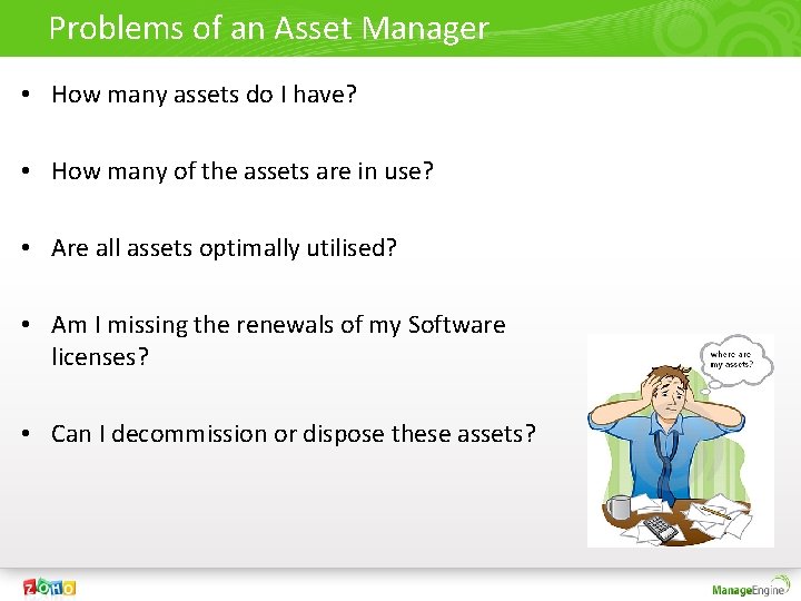 Problems of an Asset Manager • How many assets do I have? • How