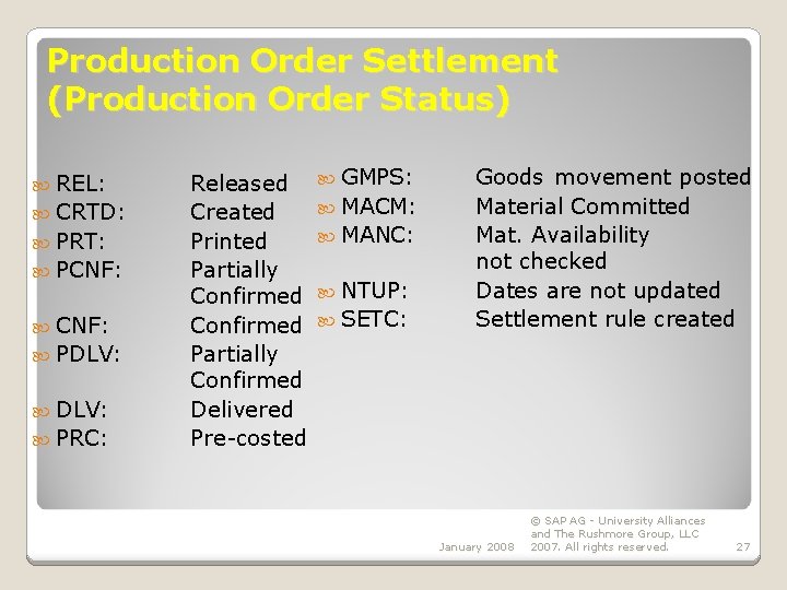 Production Order Settlement (Production Order Status) REL: CRTD: PRT: PCNF: PDLV: PRC: Released Created