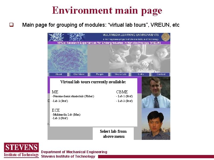 Environment main page q Main page for grouping of modules: “virtual lab tours”, VREUN,