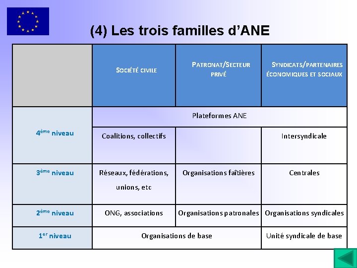 (4) Les trois familles d’ANE SOCIÉTÉ CIVILE PATRONAT/SECTEUR PRIVÉ SYNDICATS/PARTENAIRES ÉCONOMIQUES ET SOCIAUX Plateformes