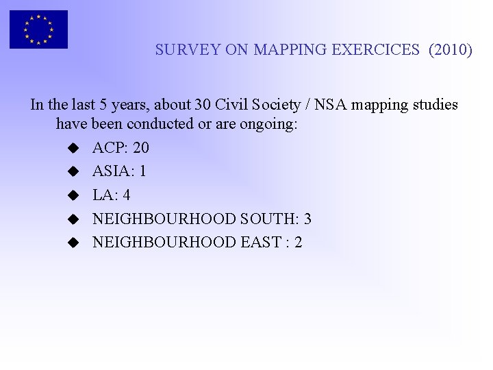 SURVEY ON MAPPING EXERCICES (2010) In the last 5 years, about 30 Civil Society