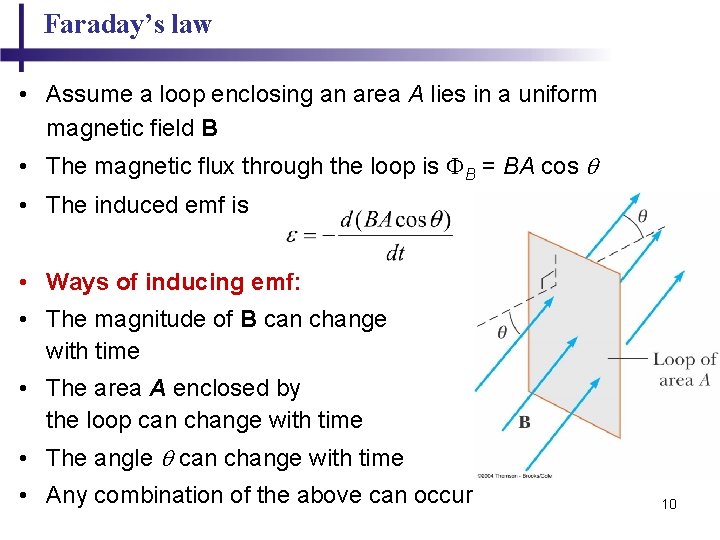 Faraday’s law • Assume a loop enclosing an area A lies in a uniform