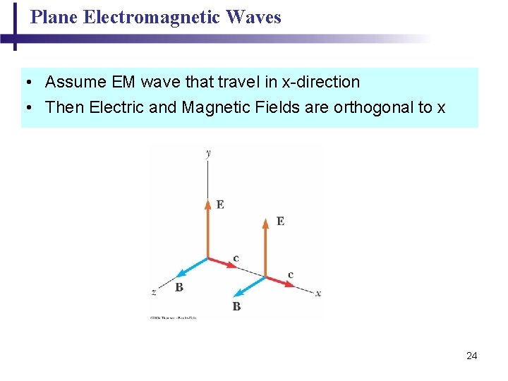 Plane Electromagnetic Waves • Assume EM wave that travel in x-direction • Then Electric