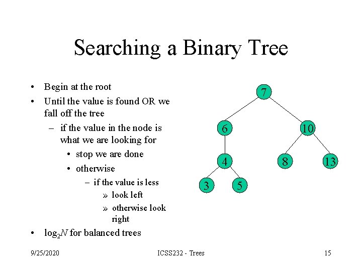 Searching a Binary Tree • Begin at the root • Until the value is Searching a Binary Tree • Begin at the root • Until the value is