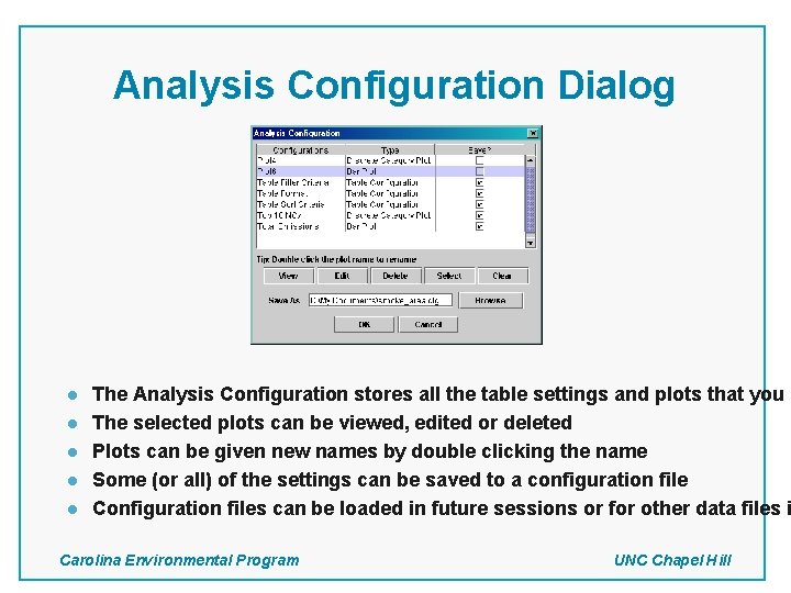 Analysis Configuration Dialog l l l The Analysis Configuration stores all the table settings Analysis Configuration Dialog l l l The Analysis Configuration stores all the table settings
