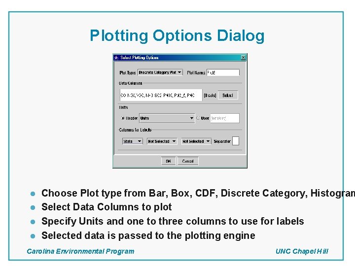 Plotting Options Dialog l l Choose Plot type from Bar, Box, CDF, Discrete Category, Plotting Options Dialog l l Choose Plot type from Bar, Box, CDF, Discrete Category,