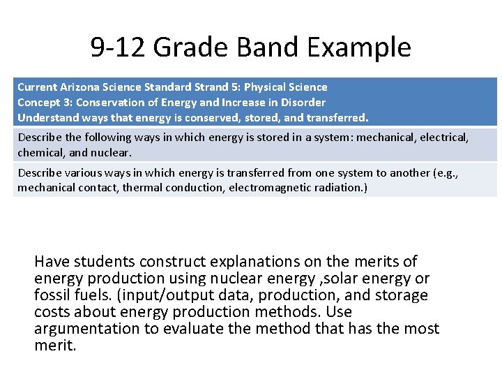 9 -12 Grade Band Example Current Arizona Science Standard Strand 5: Physical Science Concept