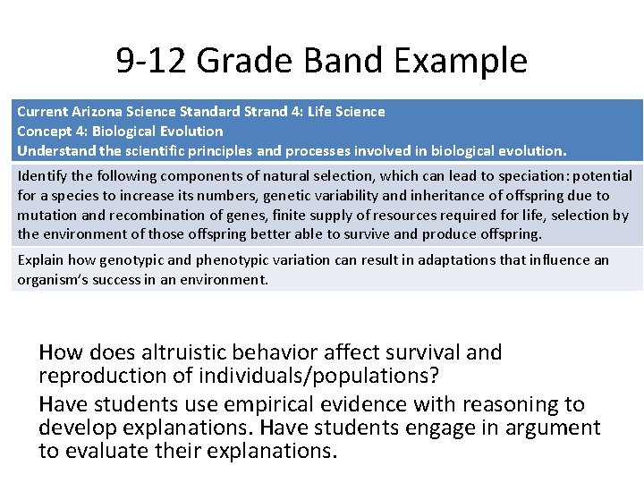 9 -12 Grade Band Example Current Arizona Science Standard Strand 4: Life Science Concept