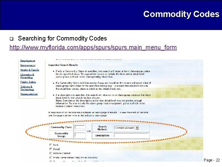 Commodity Codes Searching for Commodity Codes http: //www. myflorida. com/apps/spurs. main_menu_form q Page -