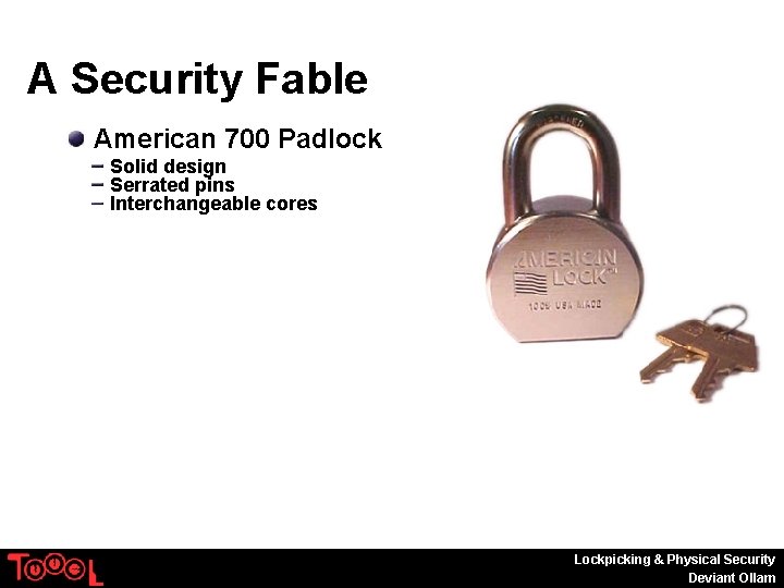 A Security Fable American 700 Padlock Solid design Serrated pins Interchangeable cores Lockpicking &