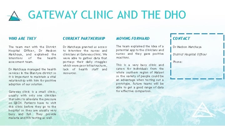 GATEWAY CLINIC AND THE DHO WHO ARE THEY CURRENT PARTNERSHIP MOVING FORWARD CONTACT The