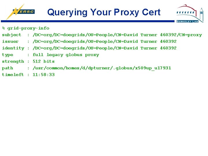 Querying Your Proxy Cert % grid-proxy-info subject : /DC=org/DC=doegrids/OU=People/CN=David Turner 460392/CN=proxy issuer : /DC=org/DC=doegrids/OU=People/CN=David