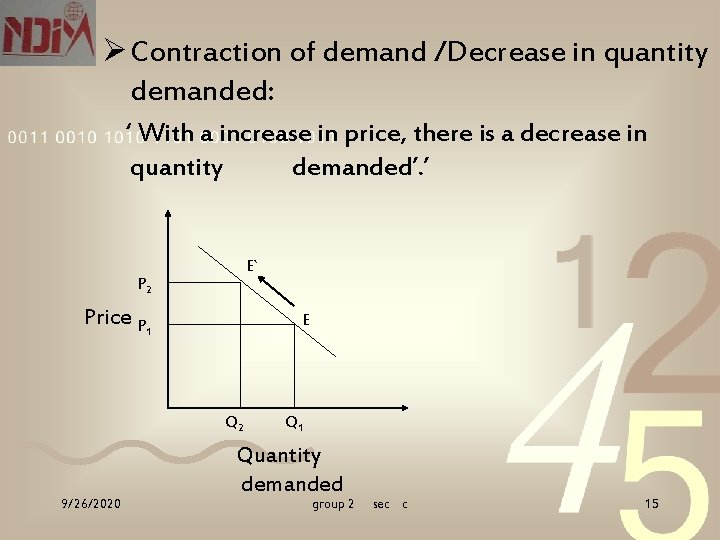 Ø Contraction of demand /Decrease in quantity demanded: ‘ With a increase in price,