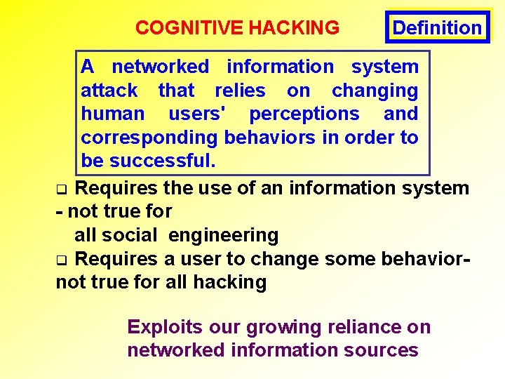 COGNITIVE HACKING Definition A networked information system attack that relies on changing human users'