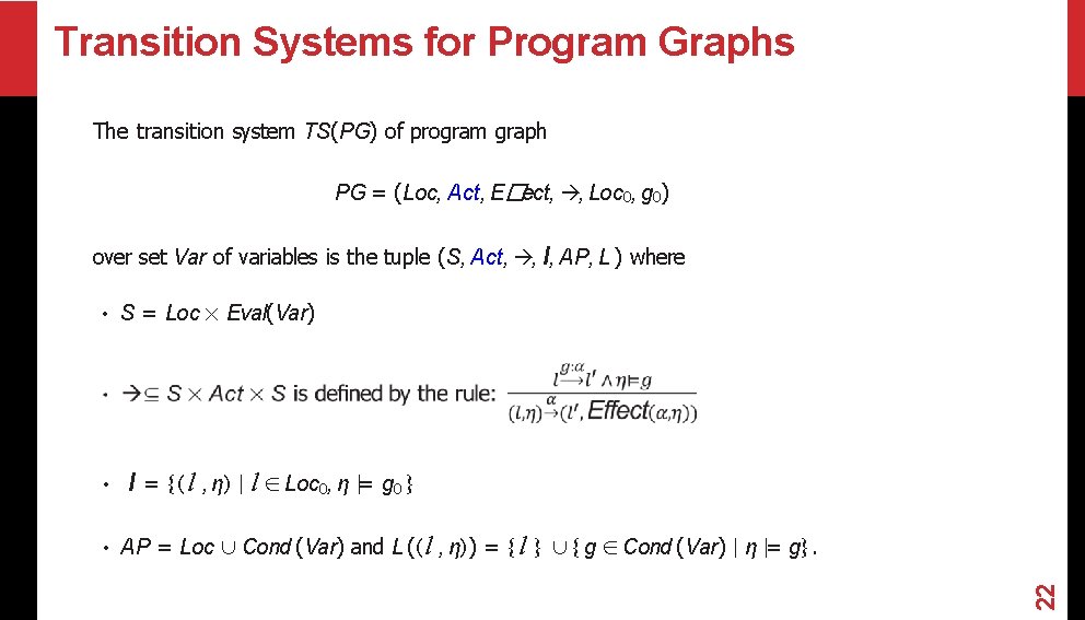 Transition Systems for Program Graphs The transition system TS(PG) of program graph PG = Transition Systems for Program Graphs The transition system TS(PG) of program graph PG =