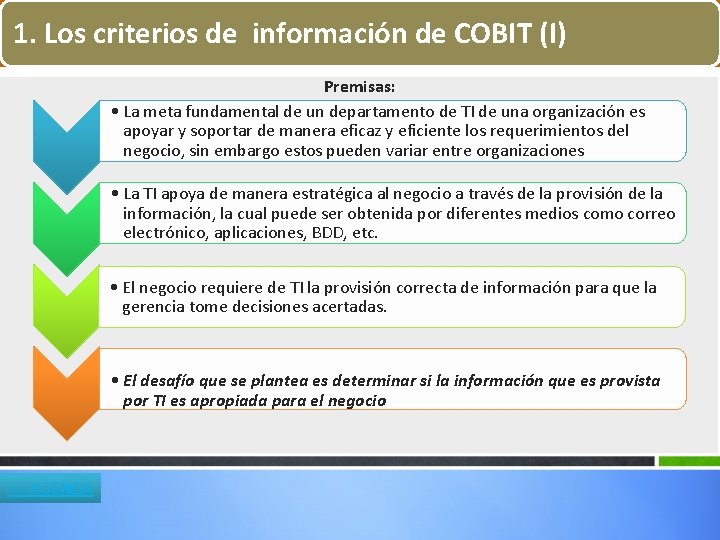 1. Los criterios de información de COBIT (I) Premisas: • La meta fundamental de 1. Los criterios de información de COBIT (I) Premisas: • La meta fundamental de