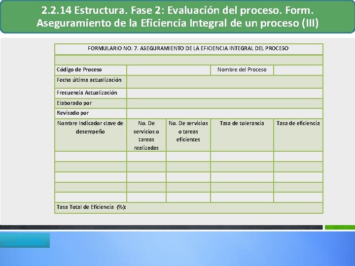 2. 2. 14 Estructura. Fase 2: Evaluación del proceso. Form. Aseguramiento de la Eficiencia 2. 2. 14 Estructura. Fase 2: Evaluación del proceso. Form. Aseguramiento de la Eficiencia