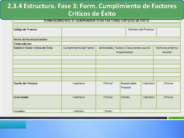 2. 3. 4 Estructura. Fase 3: Form. Cumplimiento de Factores Críticos de Éxito FORMULARIO 2. 3. 4 Estructura. Fase 3: Form. Cumplimiento de Factores Críticos de Éxito FORMULARIO