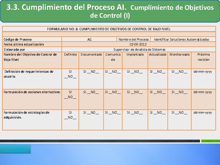 3. 3. Cumplimiento del Proceso AI. Cumplimiento de Objetivos de Control (I) FORMULARIO NO. 3. 3. Cumplimiento del Proceso AI. Cumplimiento de Objetivos de Control (I) FORMULARIO NO.