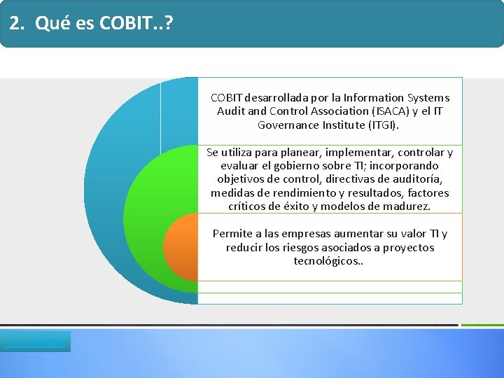 2. Qué es COBIT. . ? COBIT desarrollada por la Information Systems Audit and 2. Qué es COBIT. . ? COBIT desarrollada por la Information Systems Audit and