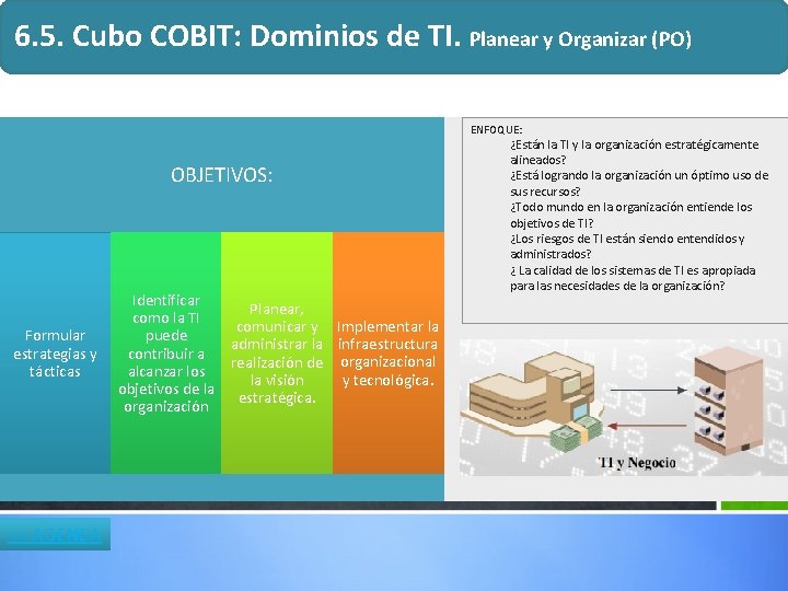 6. 5. Cubo COBIT: Dominios de TI. Planear y Organizar (PO) ENFOQUE: OBJETIVOS: Formular 6. 5. Cubo COBIT: Dominios de TI. Planear y Organizar (PO) ENFOQUE: OBJETIVOS: Formular