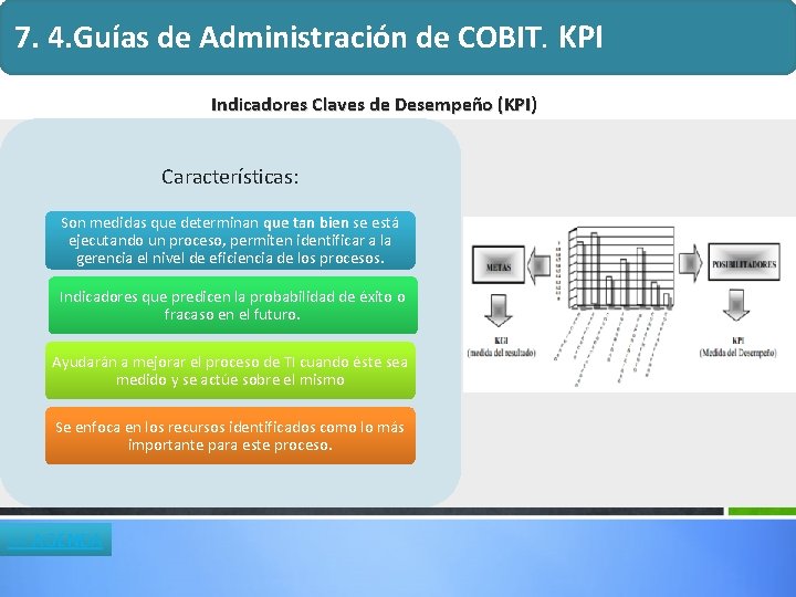 7. 4. Guías de Administración de COBIT. KPI Indicadores Claves de Desempeño (KPI) Características: 7. 4. Guías de Administración de COBIT. KPI Indicadores Claves de Desempeño (KPI) Características: