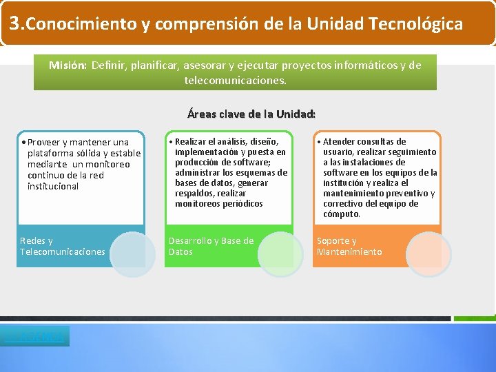 3. Conocimiento y comprensión de la Unidad Tecnológica Misión: Definir, planificar, asesorar y ejecutar 3. Conocimiento y comprensión de la Unidad Tecnológica Misión: Definir, planificar, asesorar y ejecutar