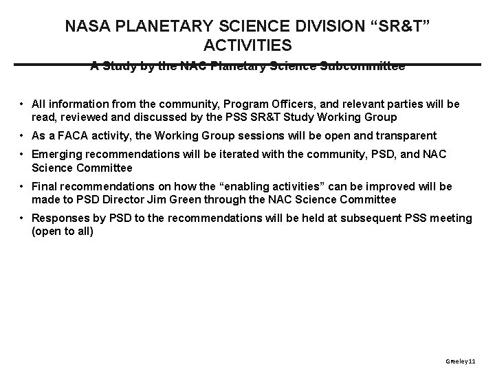 NASA PLANETARY SCIENCE DIVISION “SR&T” ACTIVITIES A Study by the NAC Planetary Science Subcommittee